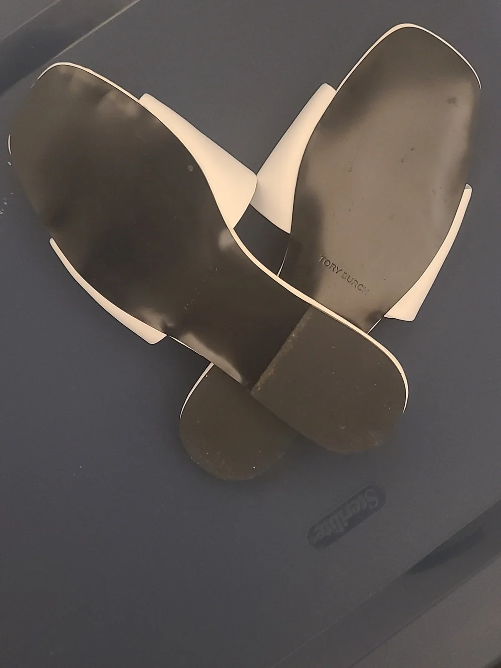 Tory Burch White Slide Sandals with Gold Logo